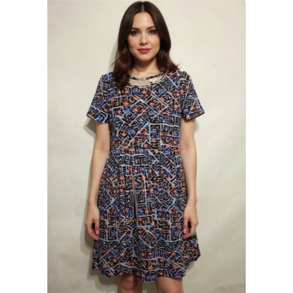 Lularoe Amelia Dress Blue Stained Glass Mosaic Red Yellow Womens Large Pockets